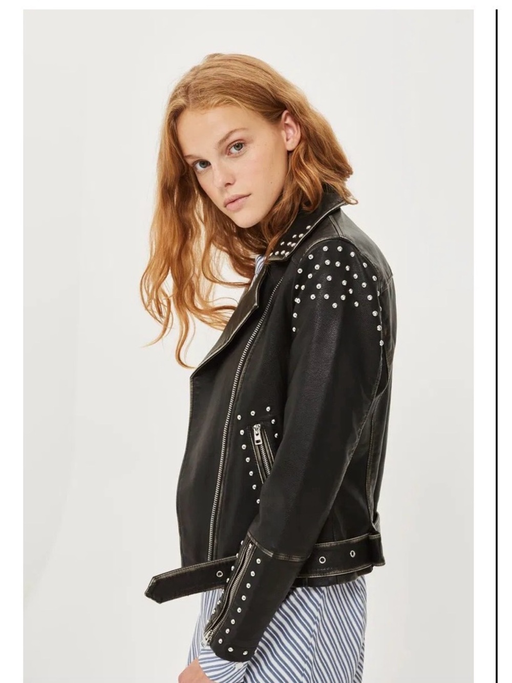Topshop Black Studded Leather Biker Jacket with Silver Hardware